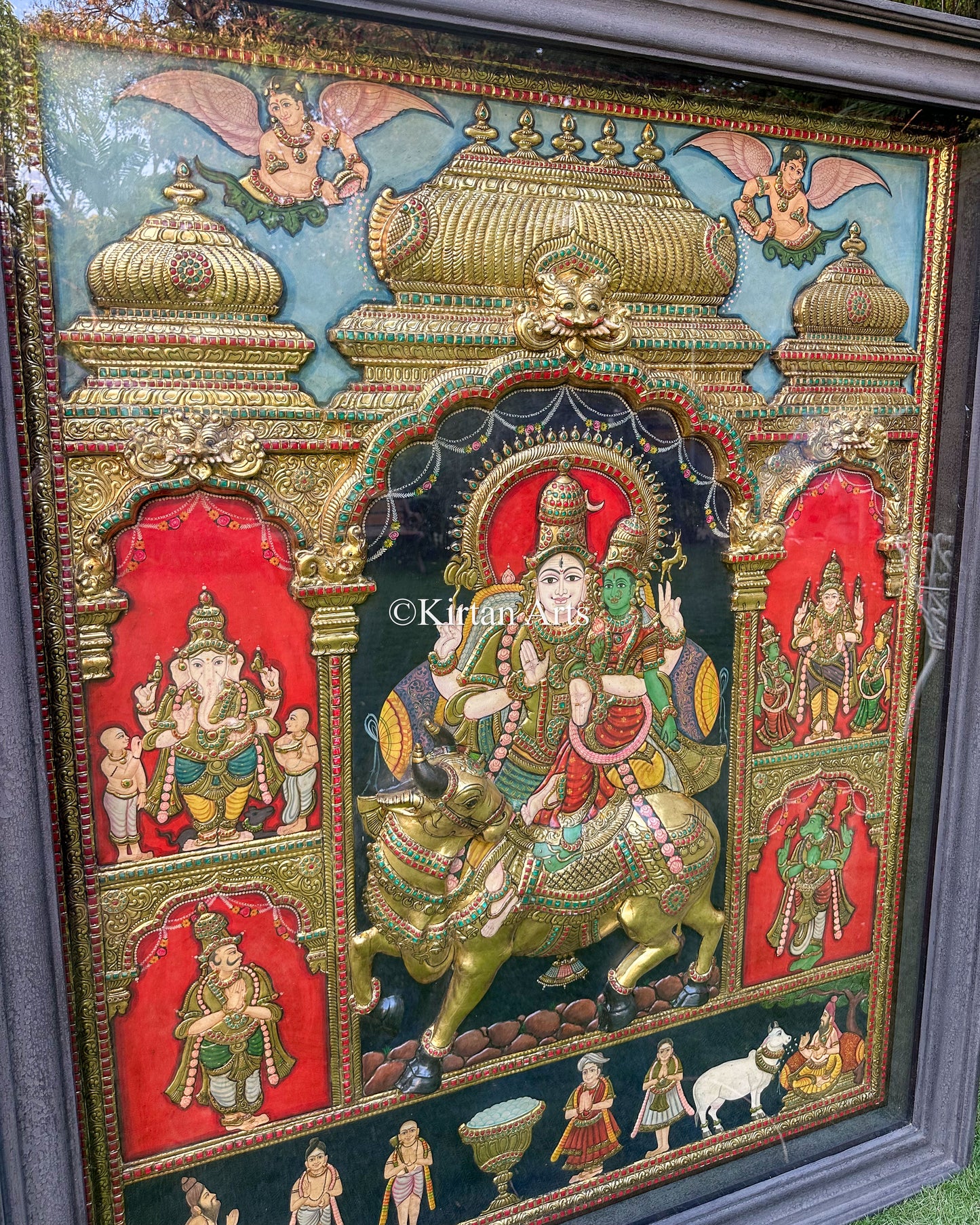 Lord Shiva Pradosham Tanjore Painting | 5.5x4.5 ft | Antique Finish | 3D Embossed Masterpiece