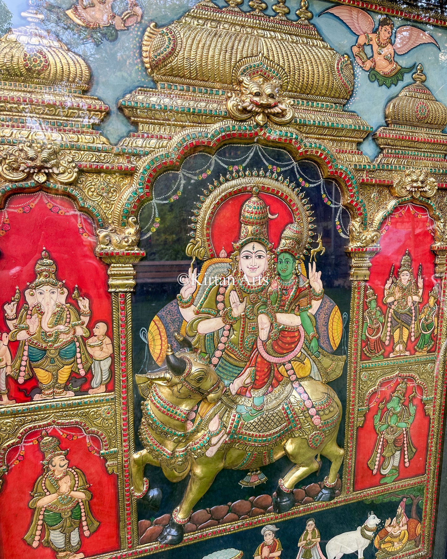 Lord Shiva Pradosham Tanjore Painting | 5.5x4.5 ft | Antique Finish | 3D Embossed Masterpiece