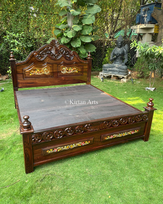 Hand Carved Rosewood King Bed | Floral Inlay Work | 6.6x6 ft