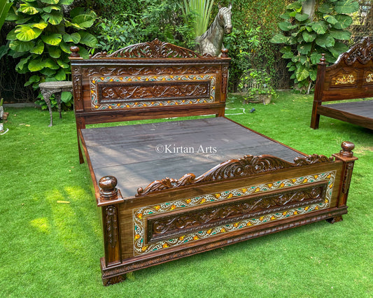 Grand Rosewood King Bed – Intricate Floral Inlay & Deep-Relief Hand Carving | 6.6x6 ft