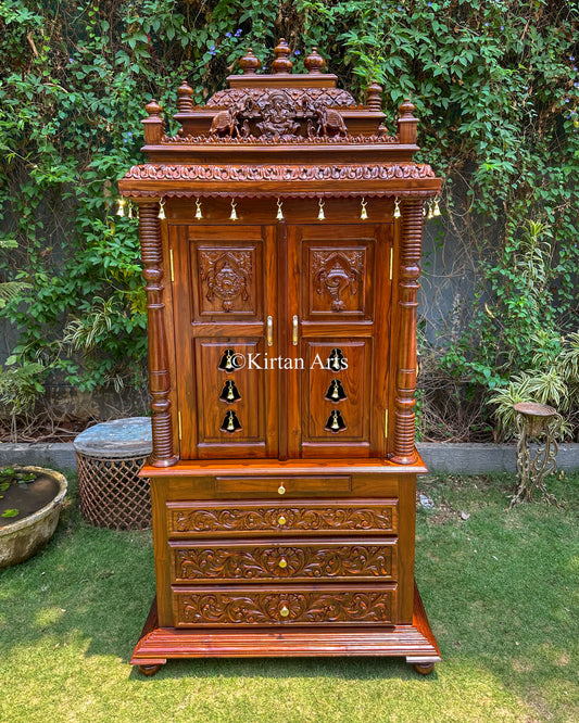 Teakwood Cupboard Style Mandir | Handcarved | 84x42x25 Inches