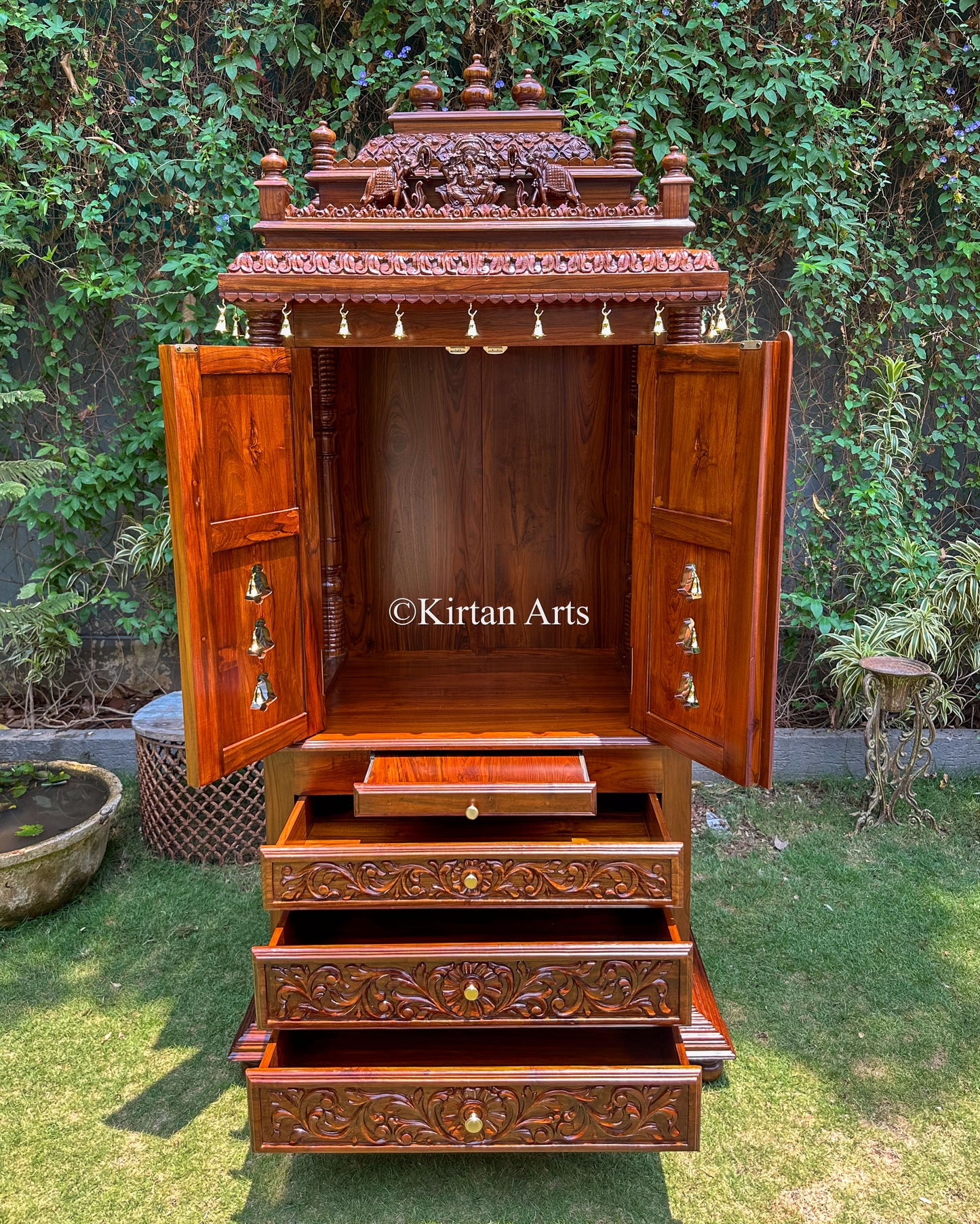 Teakwood Cupboard Style Mandir | Handcarved | 84x42x25 Inches