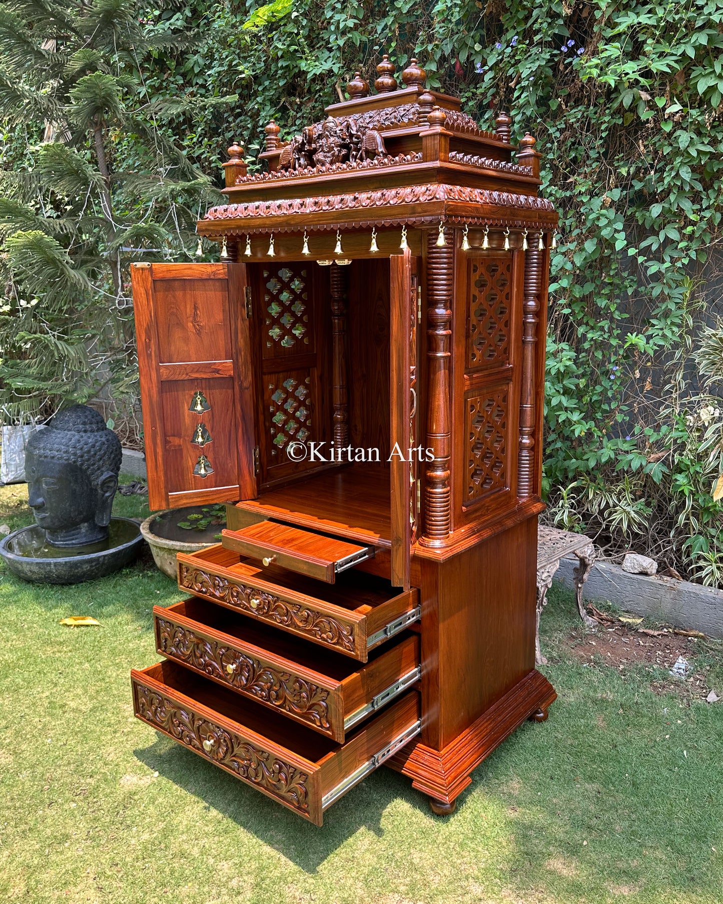 Teakwood Cupboard Style Mandir | Handcarved | 84x42x25 Inches