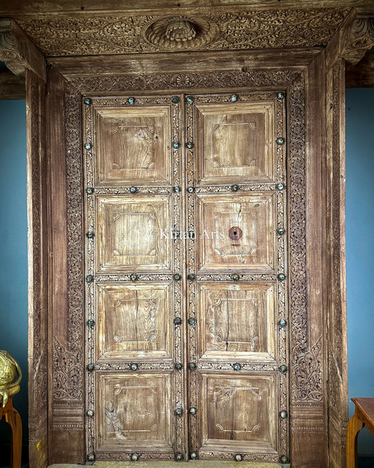 Antique Hand-Carved Solid Teakwood Door with Ornate Frame – Vintage Architectural Salvage from Andhra Pradesh