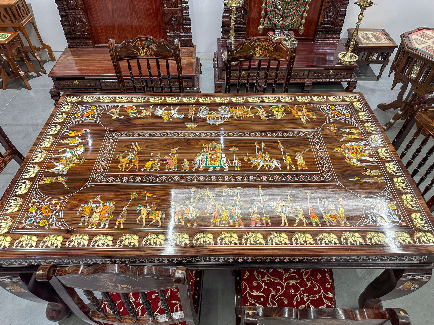 Rosewood Dining Table Set | 6 Seater | Dussehra Procession Inlay | 6x3.5 ft