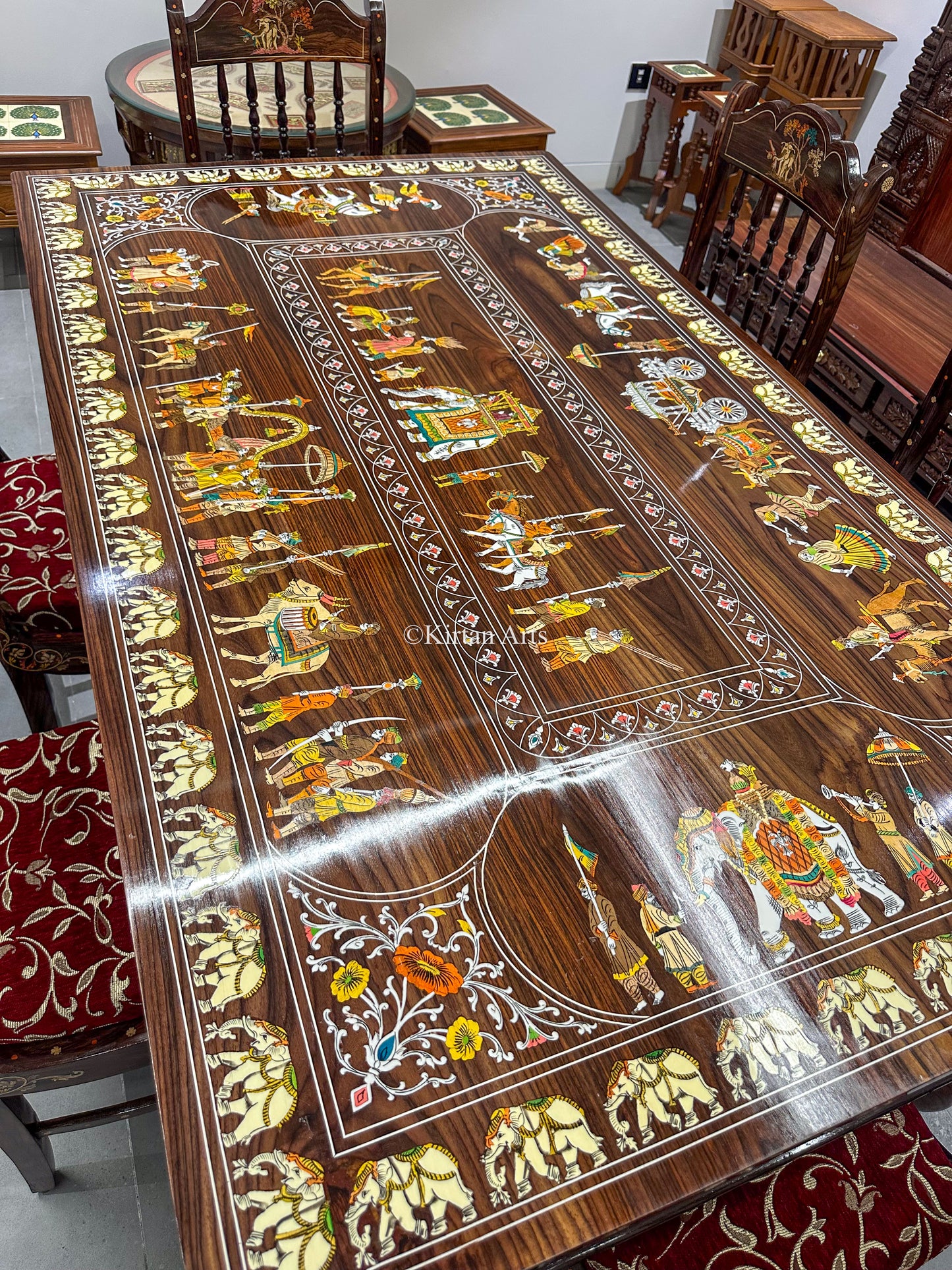 Rosewood Dining Table Set | 6 Seater | Dussehra Procession Inlay | 6x3.5 ft