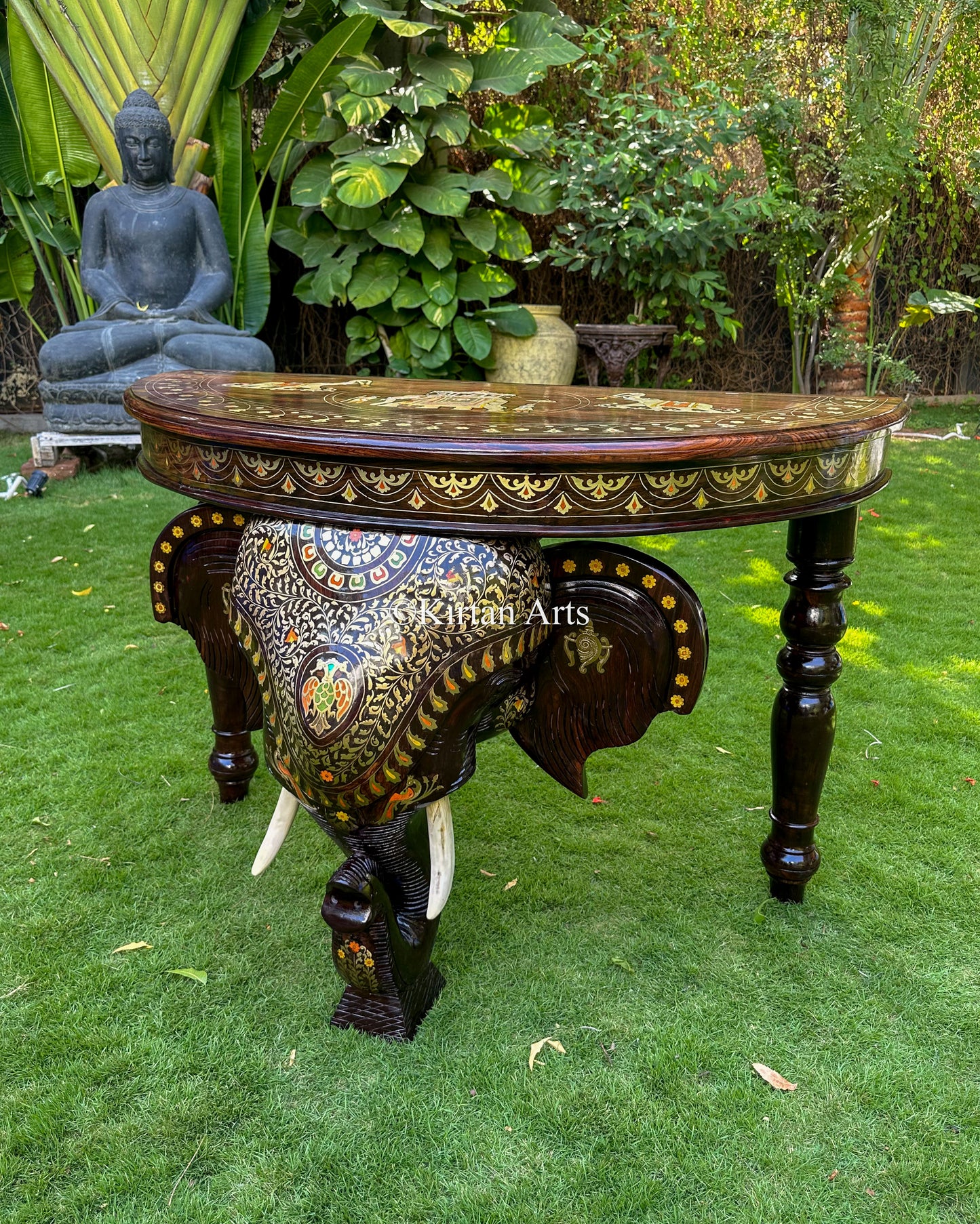 Large Rosewood Elephant Console Table w Brass Inlay | 46"