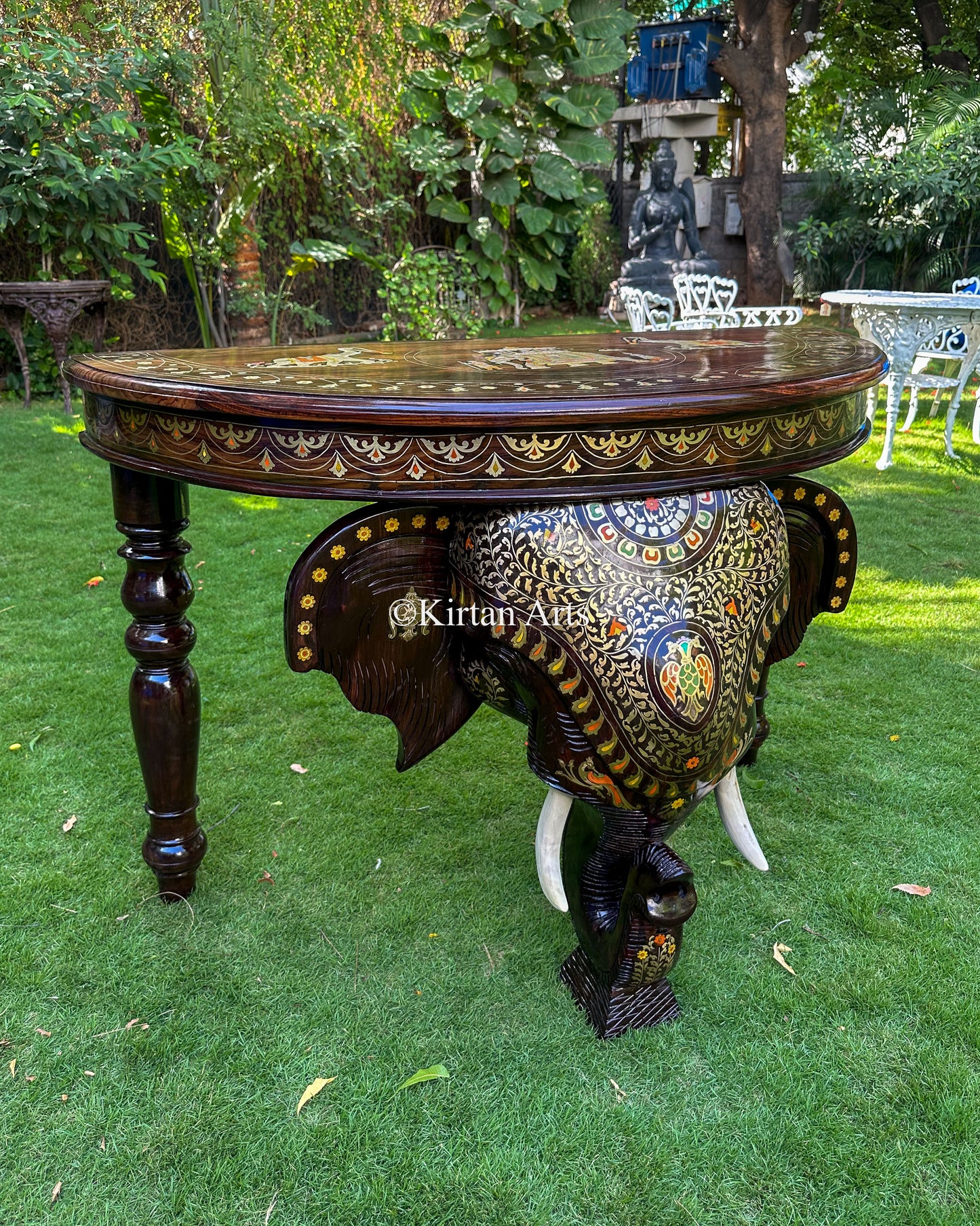 Large Rosewood Elephant Console Table w Brass Inlay | 46"
