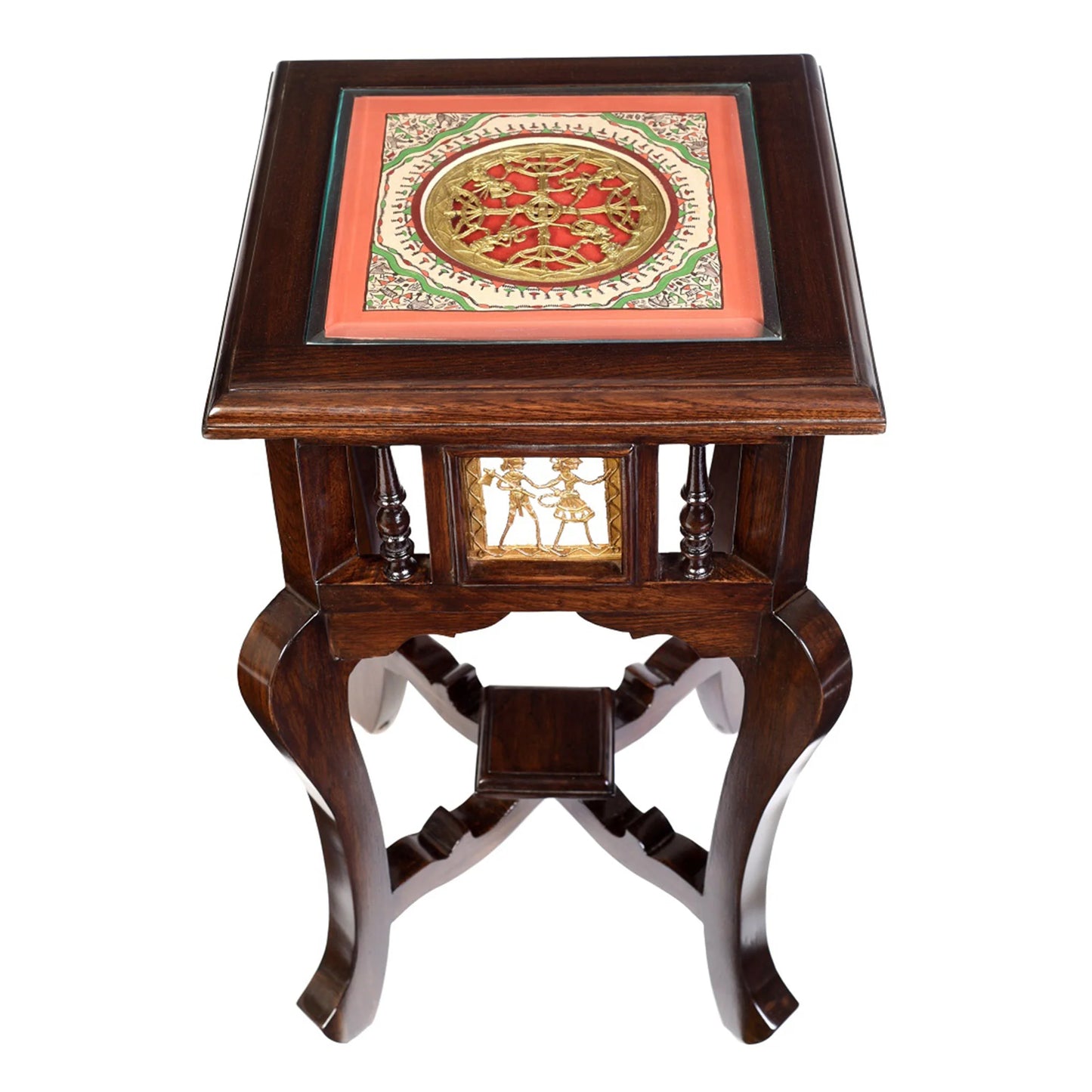 Karma Premium Teakwood End Table – 14-Inch Square Accent Table with Warli & Dhokra Art