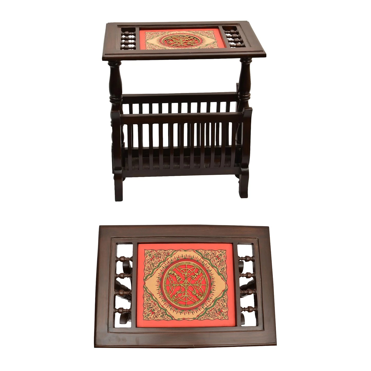Kylie Premium Teakwood End Table – Integrated Magazine Stand with Warli & Dhokra Art