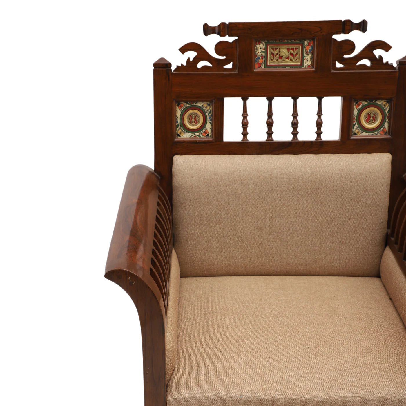 Maharaja Handcrafted Teakwood Single-Seater Sofa – Dhokra Brass & Madhubani Art Accents