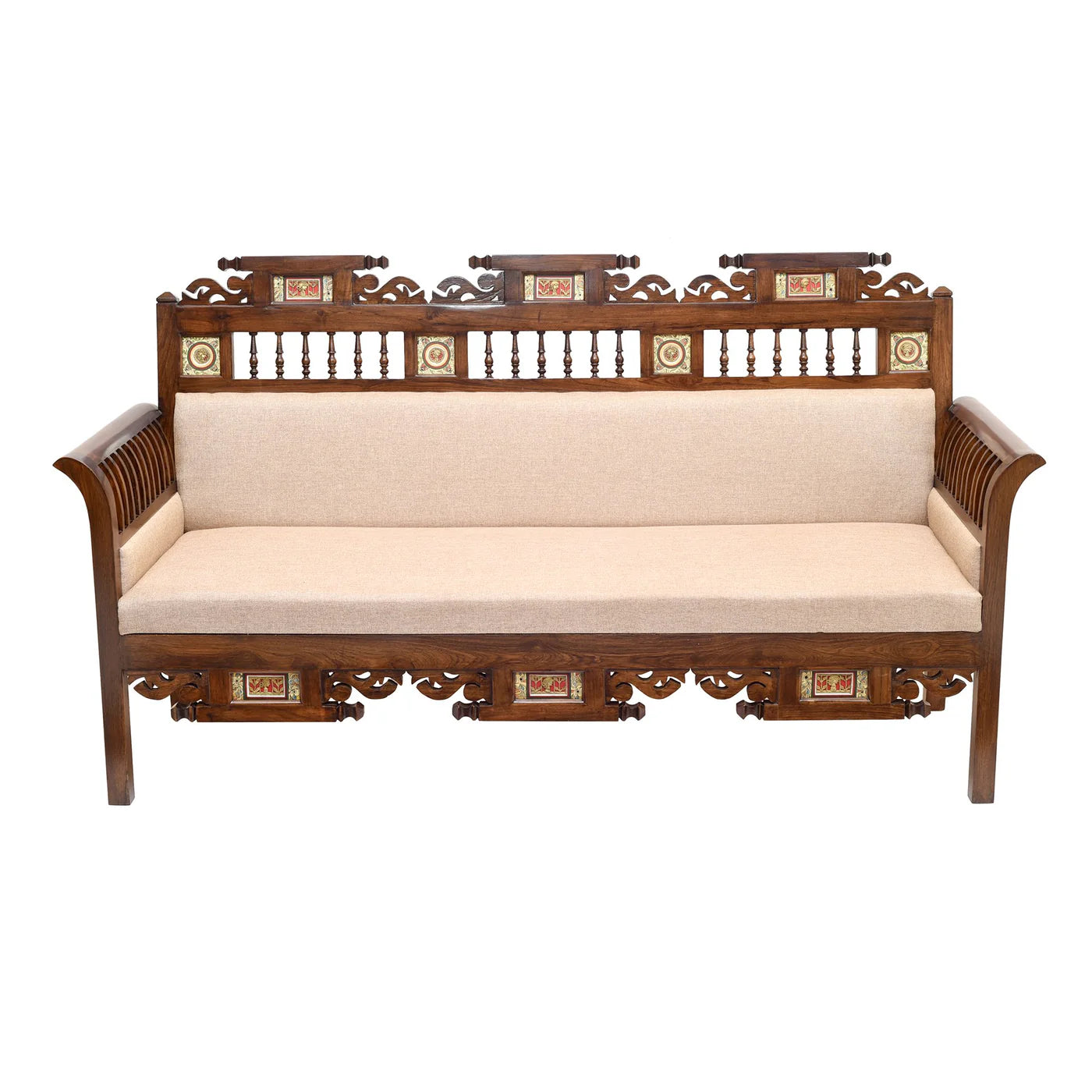Maharaja Three-Seater Premium Teakwood Sofa –  Handcrafted with Dhokra Brass & Madhubani Accents