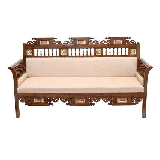 Maharaja Three-Seater Premium Teakwood Sofa –  Handcrafted with Dhokra Brass & Madhubani Accents