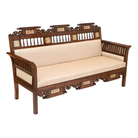Maharaja Three-Seater Premium Teakwood Sofa –  Handcrafted with Dhokra Brass & Madhubani Accents