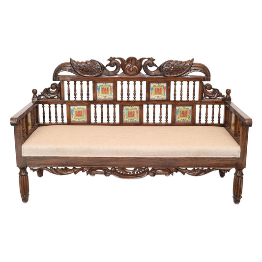 62-Inch Hand-Carved Teakwood Takth – Three-Seater Sofa with Warli & DhokraArt | Mallika
