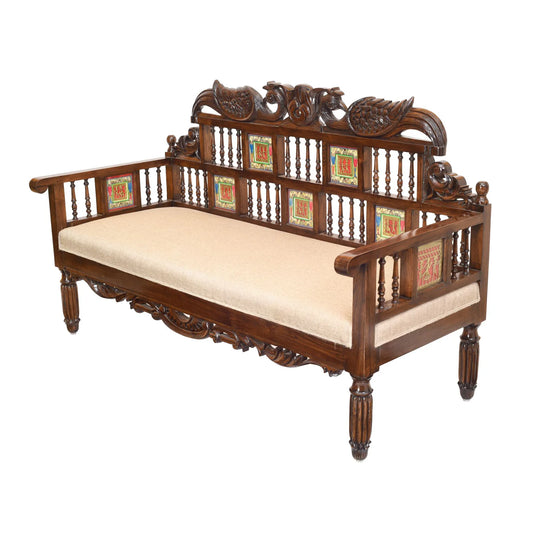 62-Inch Hand-Carved Teakwood Takth – Three-Seater Sofa with Warli & DhokraArt | Mallika