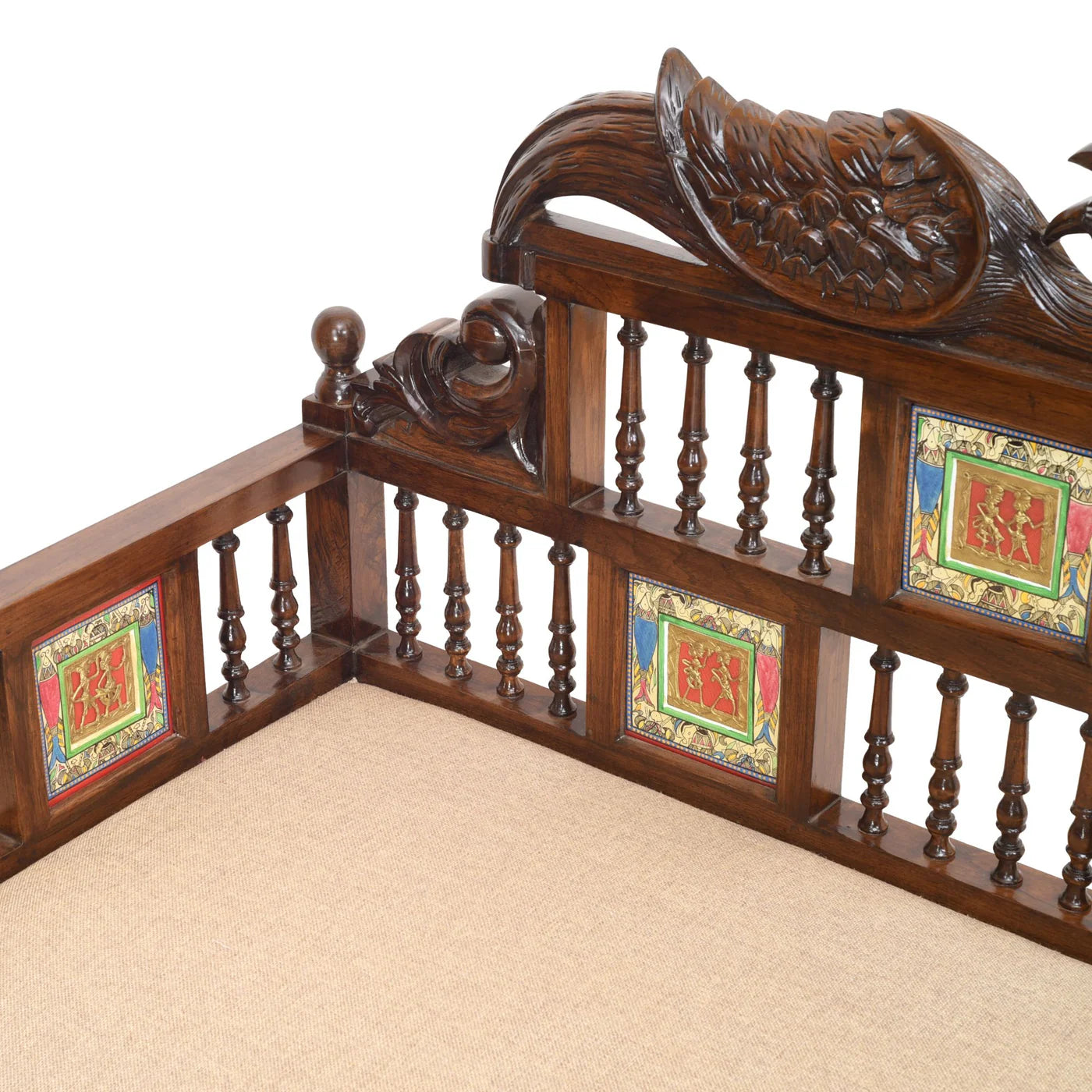 62-Inch Hand-Carved Teakwood Takth – Three-Seater Sofa with Warli & DhokraArt | Mallika