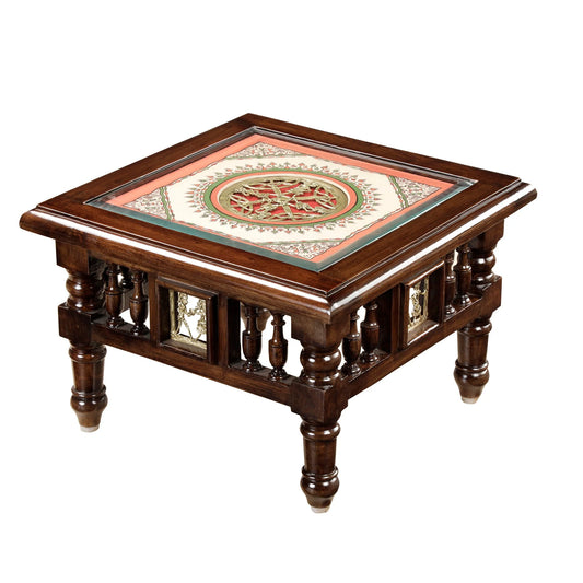 Mana Premium Teakwood Low Height End Table – 16-Inch Square Accent Stool with Warli & Dhokra Art