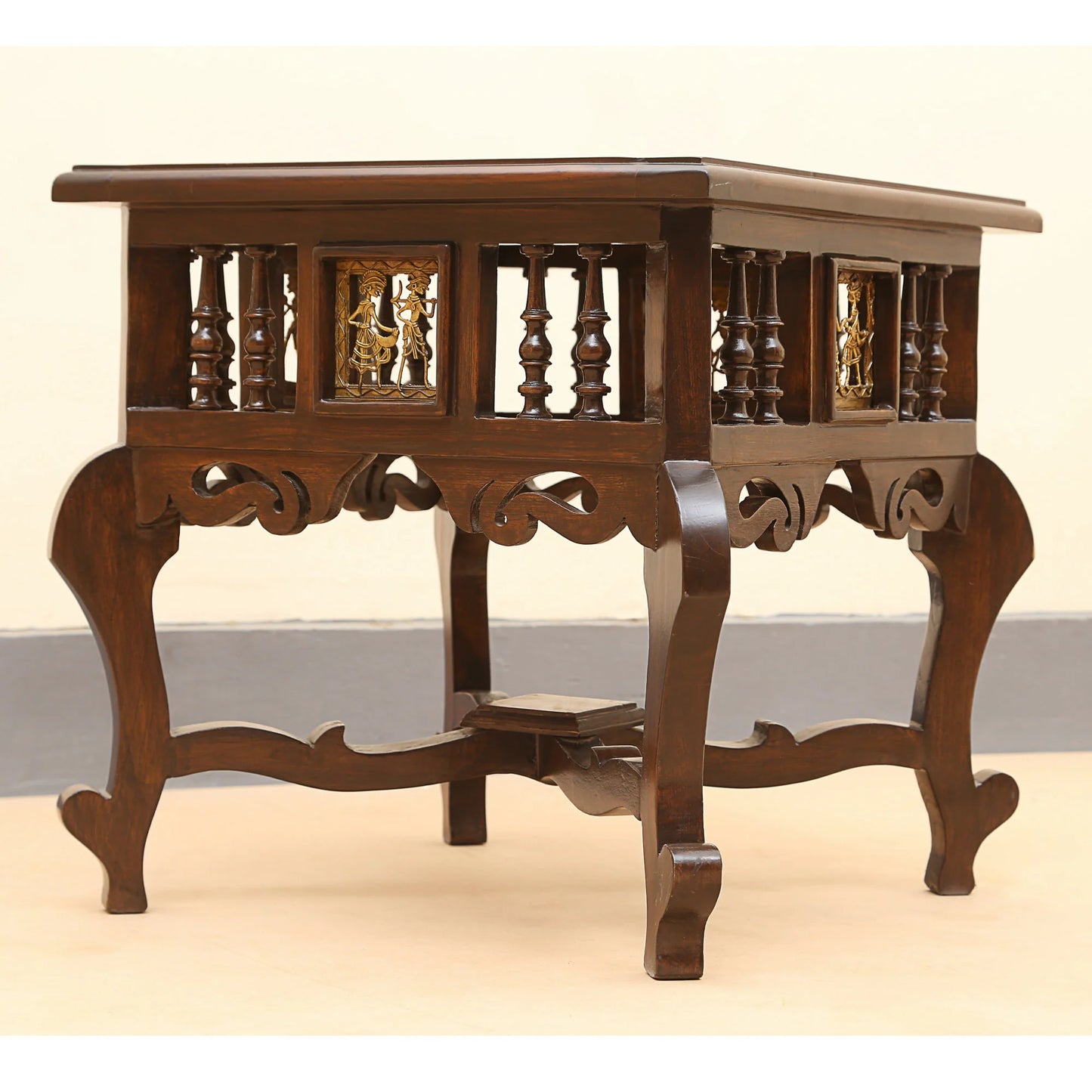 Munich-II Premium Teakwood 18-Inch Bedside Table – Oriental Legs with Warli & Dhokra Art