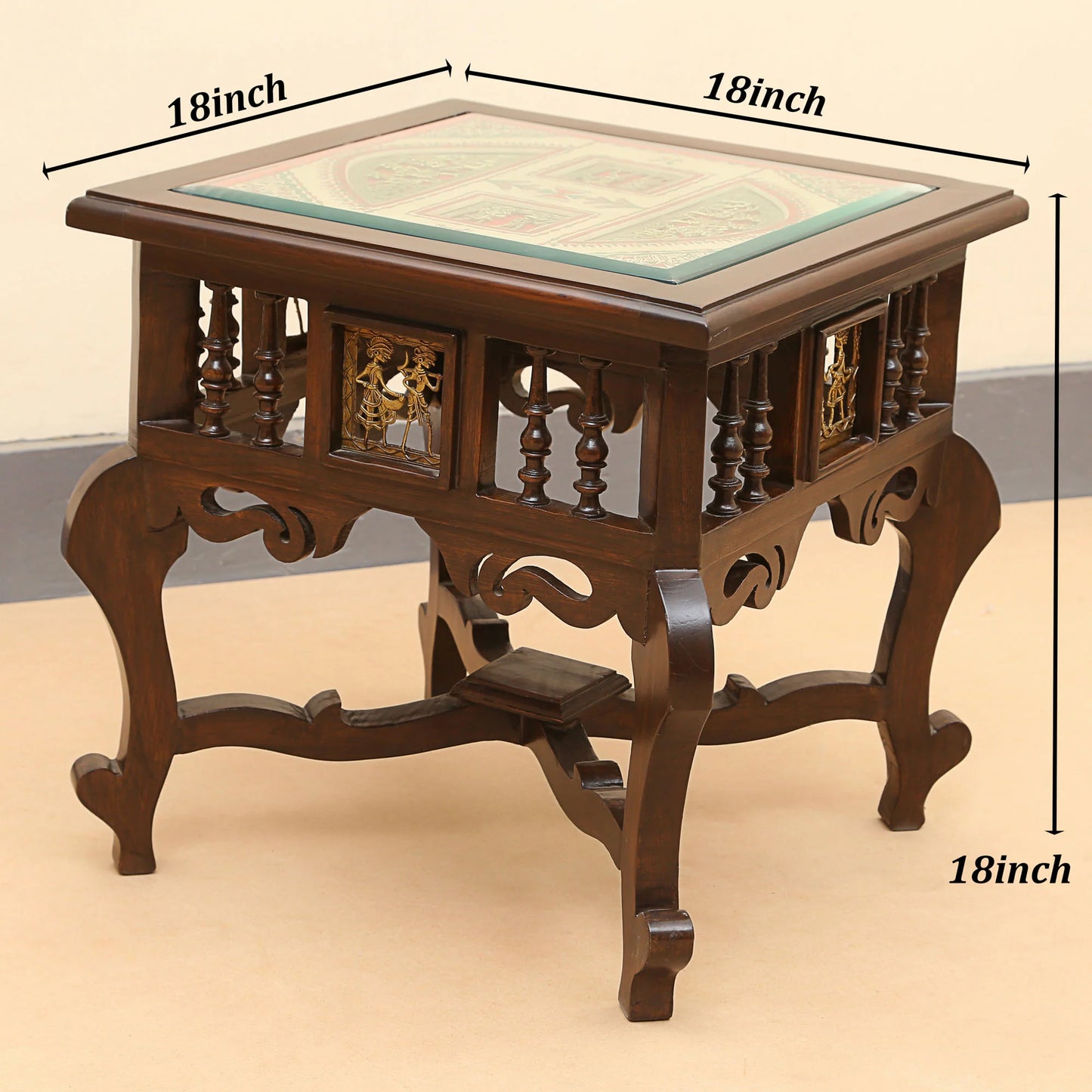 Munich-II Premium Teakwood 18-Inch Bedside Table – Oriental Legs with Warli & Dhokra Art