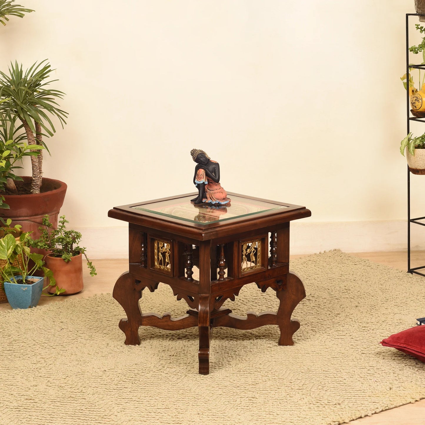 Munich Premium Teakwood 16-Inch Bedside Table – Oriental Legs with Warli & Dhokra Art