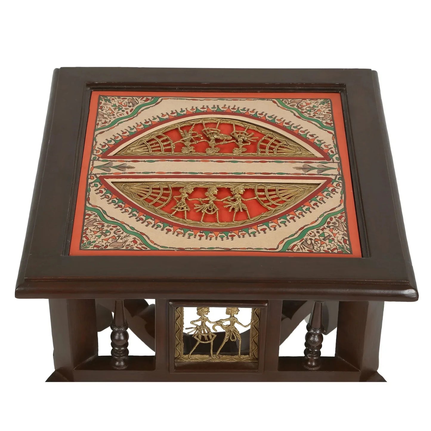 Munich Premium Teakwood 16-Inch Bedside Table – Oriental Legs with Warli & Dhokra Art