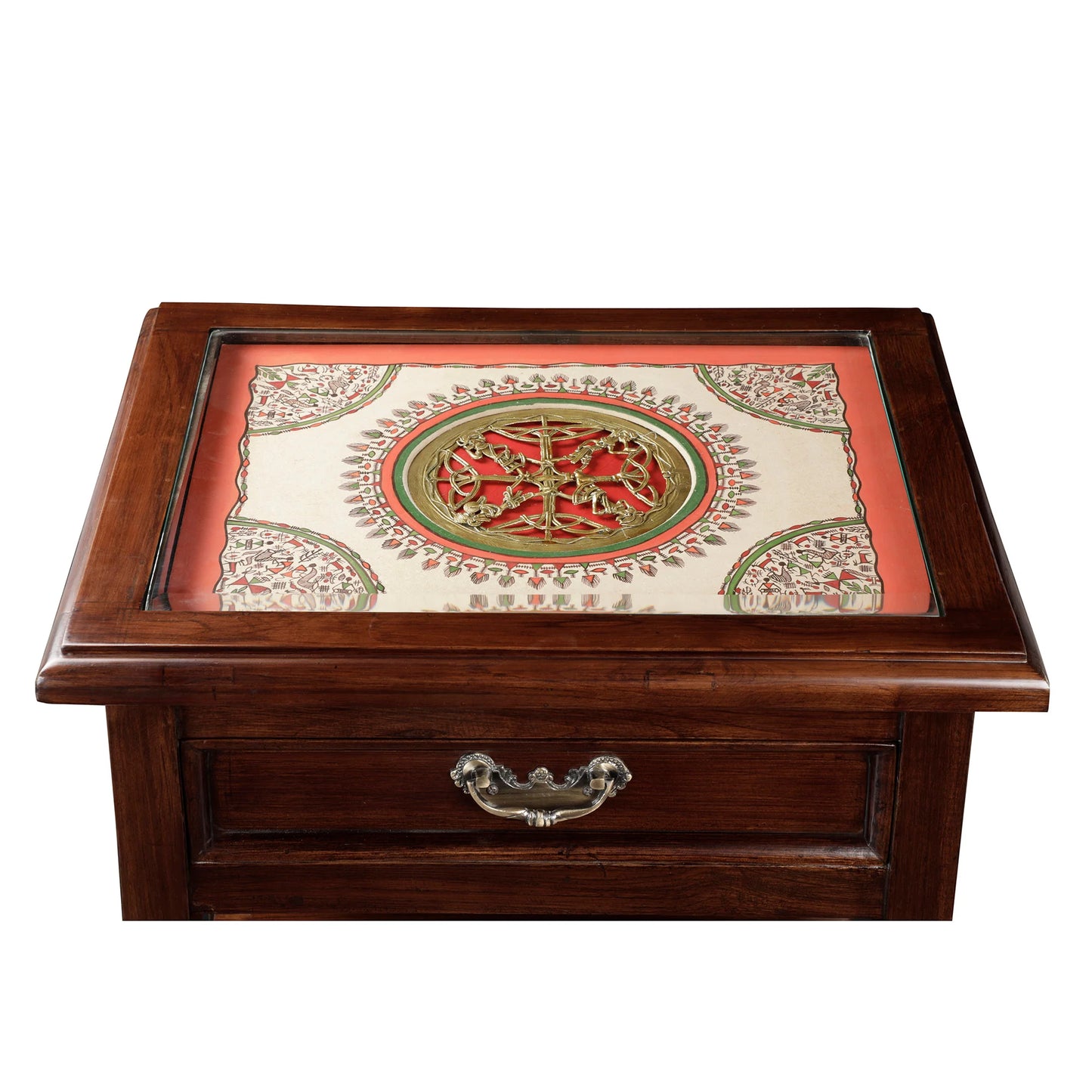 Myra-I Premium Teakwood Side Table – 24-Inch Accent Table with Drawer, Warli & Dhokra Art