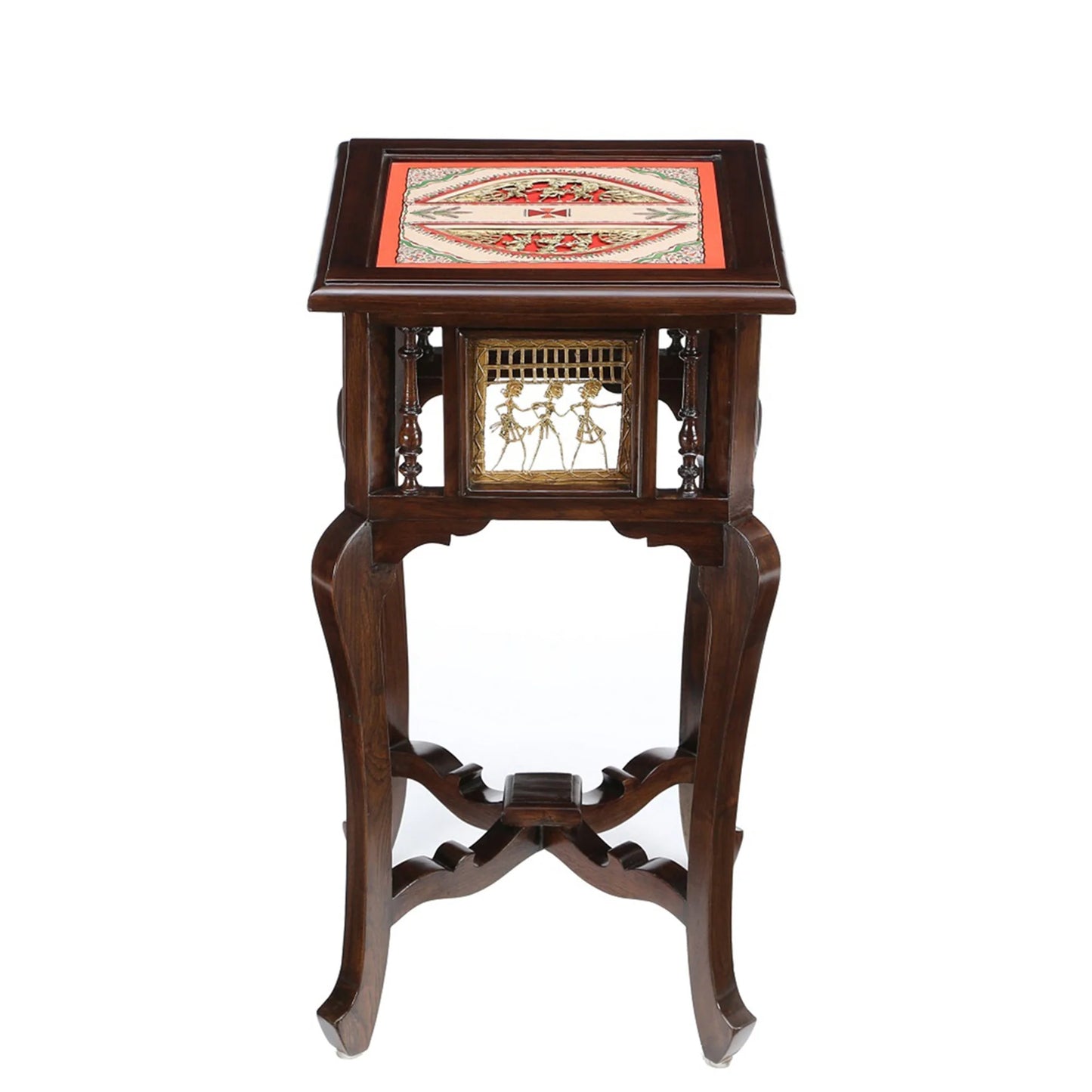 Nirvan Premium Teakwood 30-Inch Tall End Table – Warli & Dhokra Art Accents