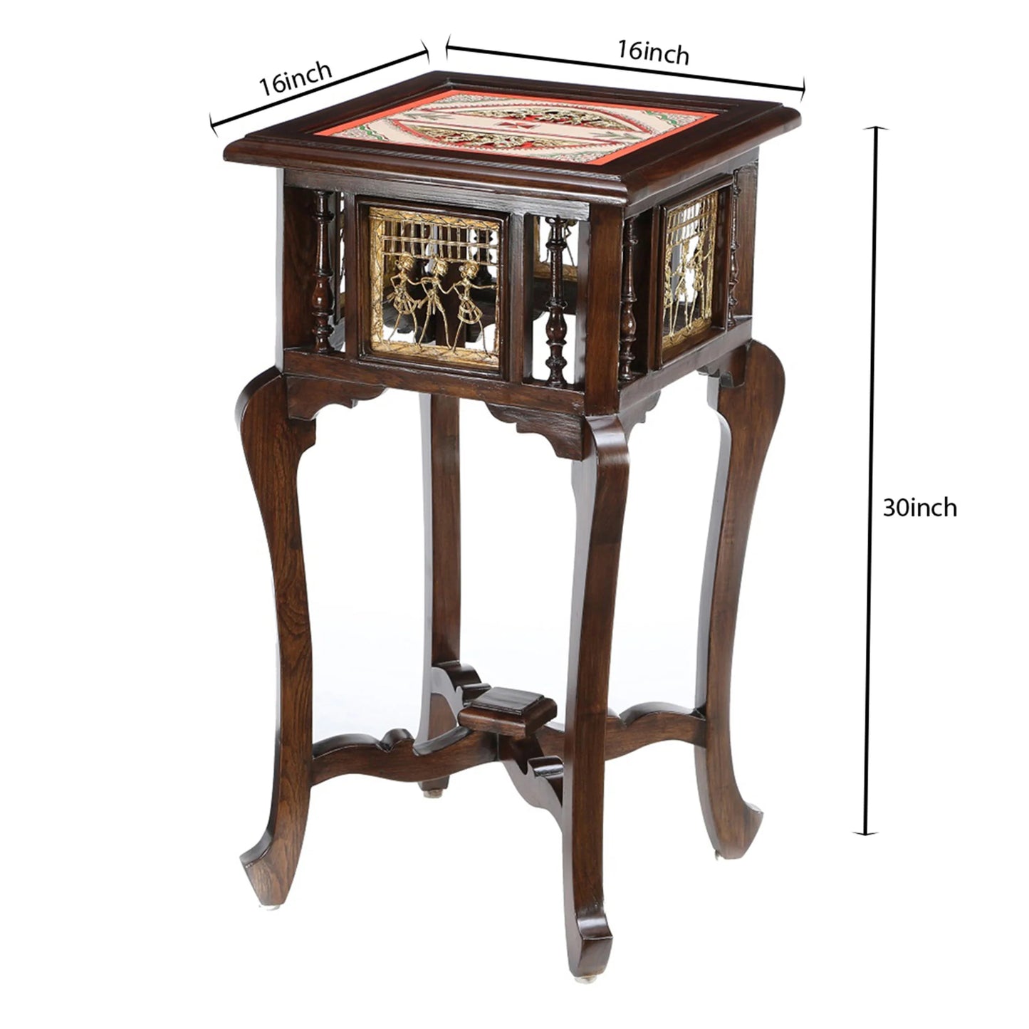 Nirvan Premium Teakwood 30-Inch Tall End Table – Warli & Dhokra Art Accents