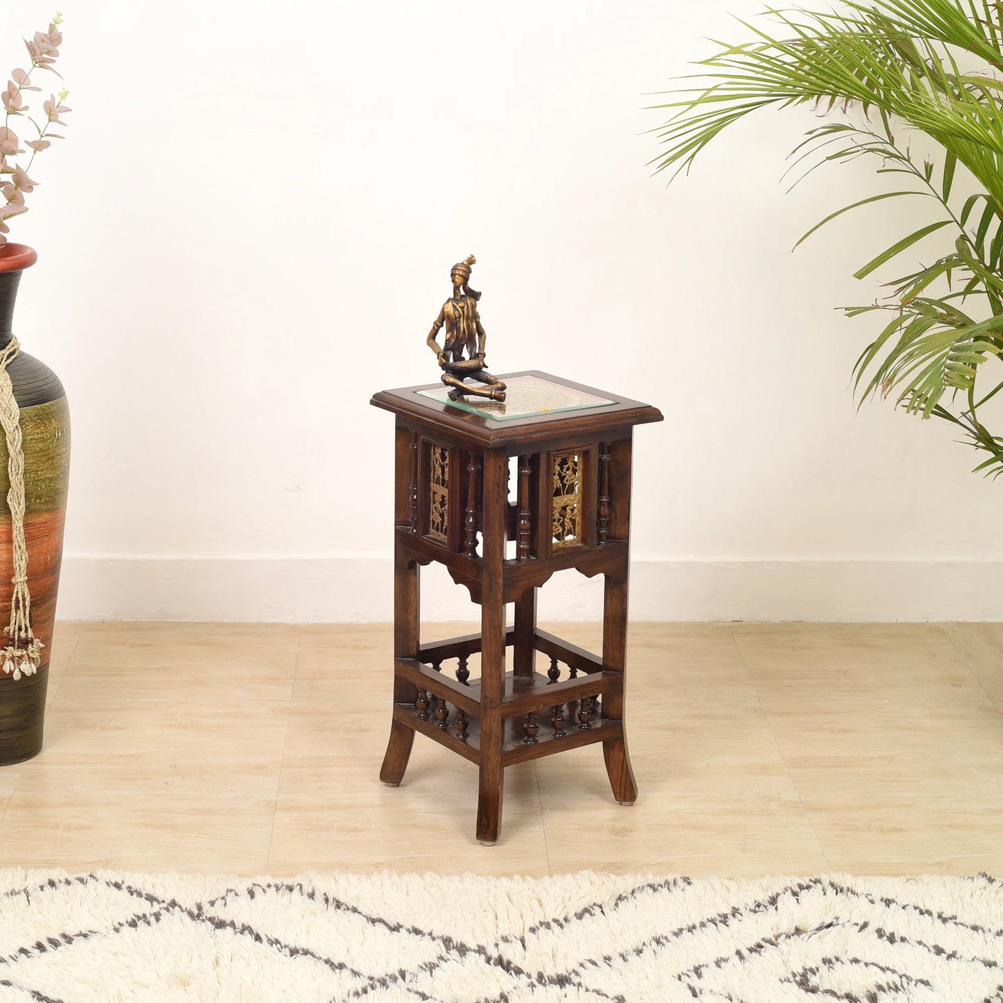 Nyra Premium Teakwood Planter Stand – 24-Inch Tall Accent Table with Warli & Dhokra Art