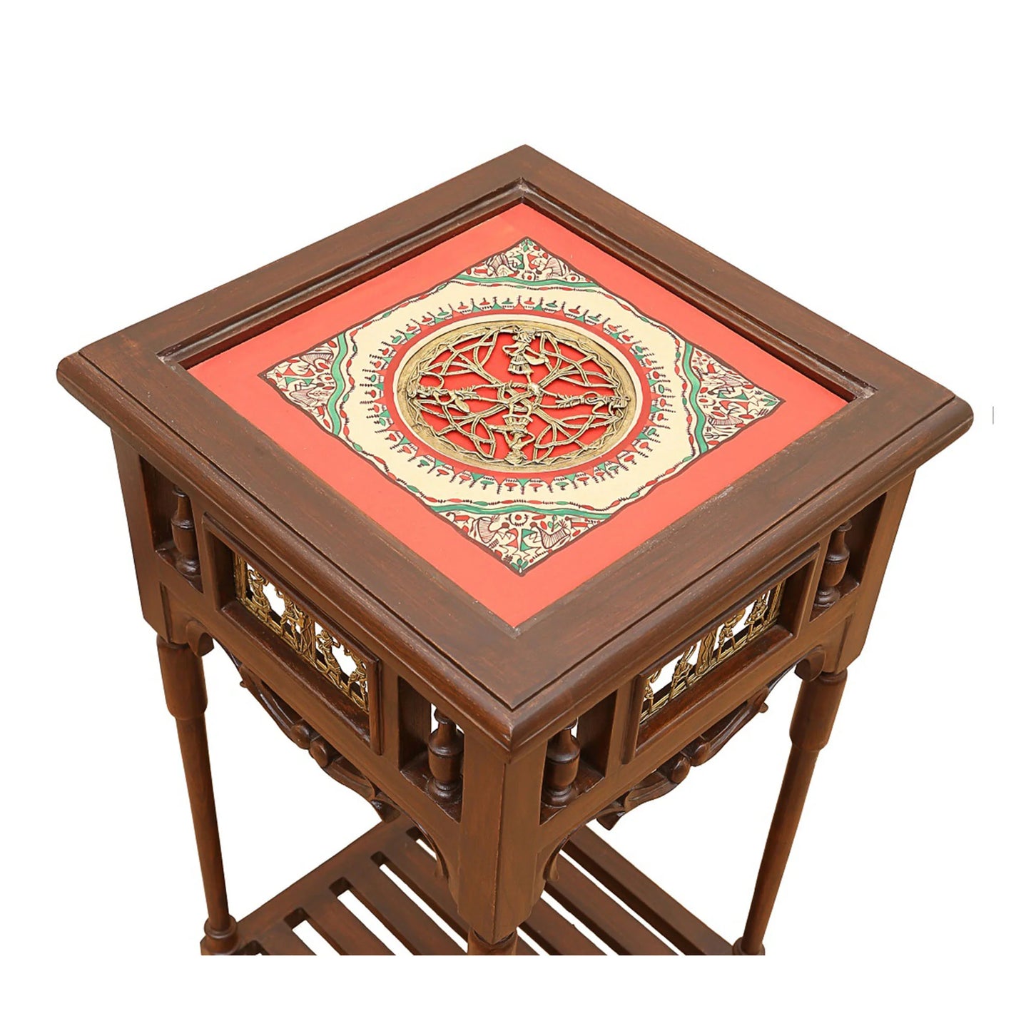 Onyx Premium Teakwood 30-Inch Tall End Table – Warli & Dhokra Art Accents