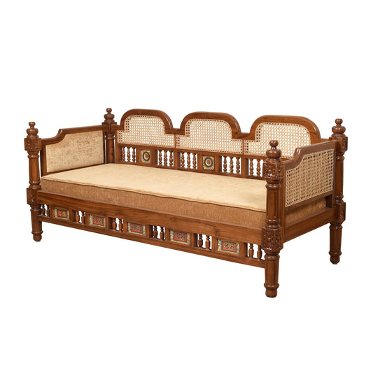 Orchid-II Premium Teakwood 3-Seater Sofa – Natural Cane Backrest & Dhokra Brass Accents