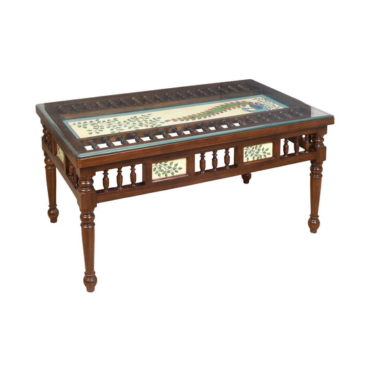 Peacock-I Solid Teakwood Rectangular Coffee Table – 42-Inch Traditional Walnut Finish Center Table with Hand-Painted Art and Turned Spindles