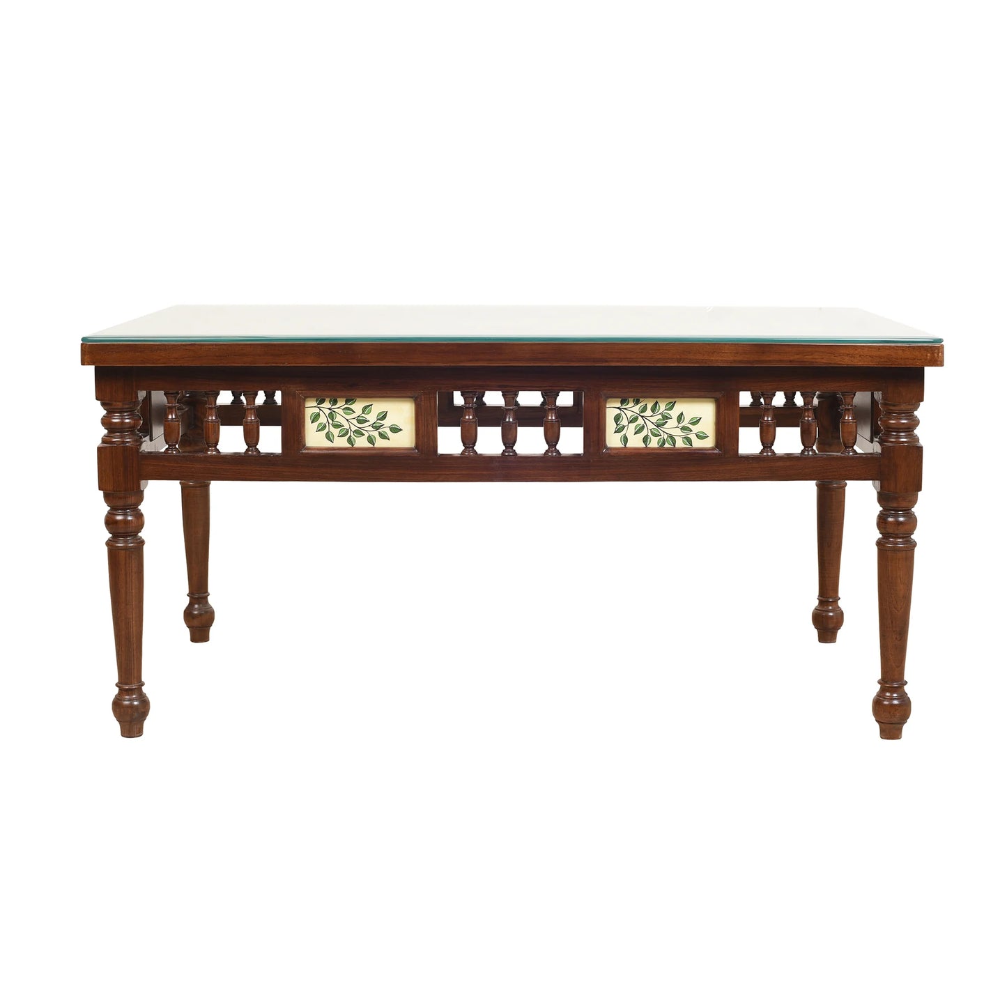 Peacock-I Solid Teakwood Rectangular Coffee Table – 42-Inch Traditional Walnut Finish Center Table with Hand-Painted Art and Turned Spindles