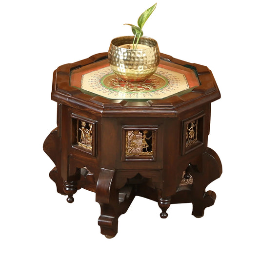 Princess Premium Teak Wood Low Height Accent Table – 15-Inch Octagonal Stool with Warli & Dhokra Art