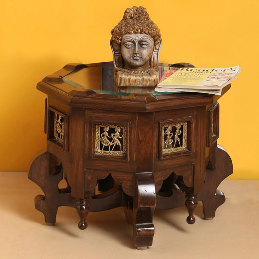 Princess Premium Teak Wood Low Height Accent Table – 15-Inch Octagonal Stool with Warli & Dhokra Art