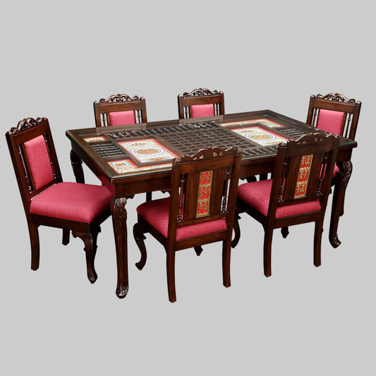 Teakwood 6 Seater Dining Set | Walnut Finish | 66x42x30 Inches | Dhokra Artwork | Recto