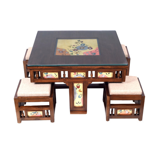 Simona Premium Teakwood 4-Seater Coffee Table Set – 36-Inch Center Table with 4 Hideaway Stools (Warli & Madhubani Multi-Art Collage)