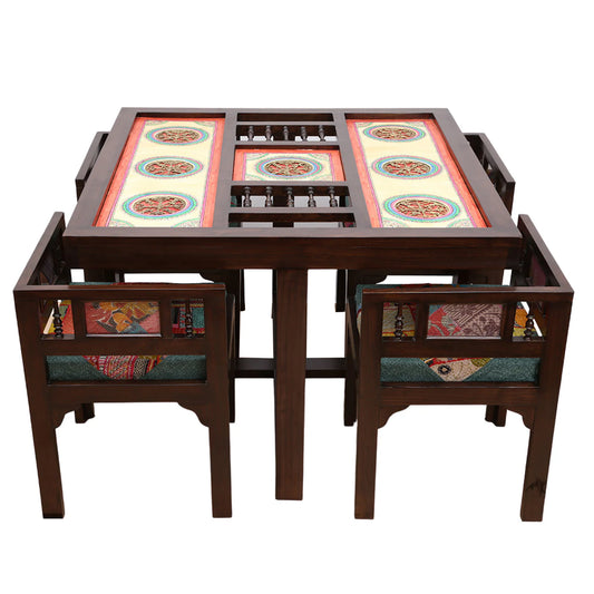 42" Square Teakwood Dining Table with Madhubani Art & Dhokra Brass Detailing | Mocha Dining Table