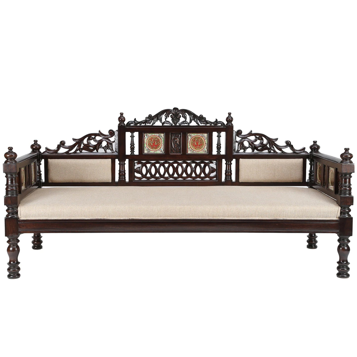 75-Inch Sultan Teakwood Takth – Three-Seater Daybed with Walnut Finish & Dhokra