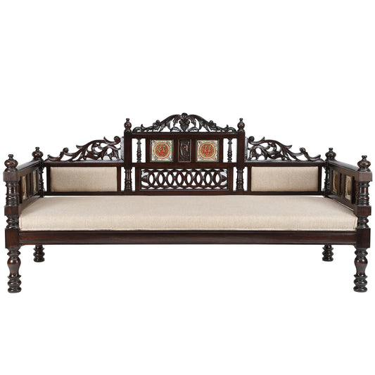 75-Inch Sultan Teakwood Takth – Three-Seater Daybed with Walnut Finish & Dhokra