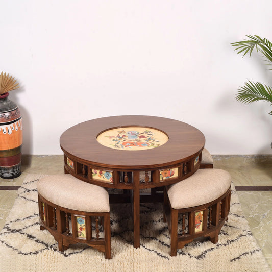 Swan Smart Premium Teakwood 4-Seater Coffee Table Set – Center Table with 4 Hideaway Stools (Warli & Madhubani Multi-Art Collage)