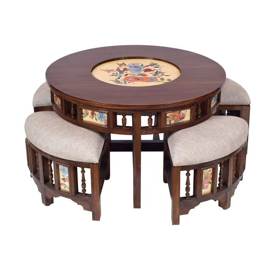 Swan Smart Premium Teakwood 4-Seater Coffee Table Set – Center Table with 4 Hideaway Stools (Warli & Madhubani Multi-Art Collage)