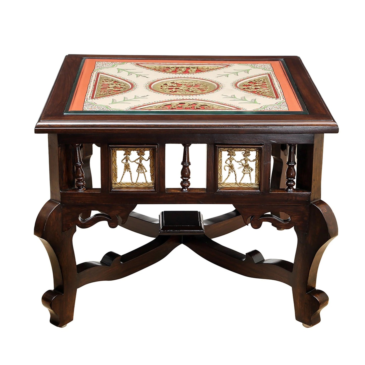 Tamas Solid Teakwood Square Coffee Table – 24-Inch Traditional Walnut Finish Center Table with Dhokra Metalcraft and Hand-Painted Art