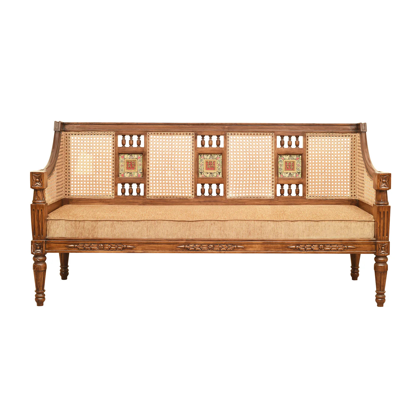 3 Seater Teakwood Sofa with Madhubani Art, Dhokra Brass, and Natural Cane | Tulip
