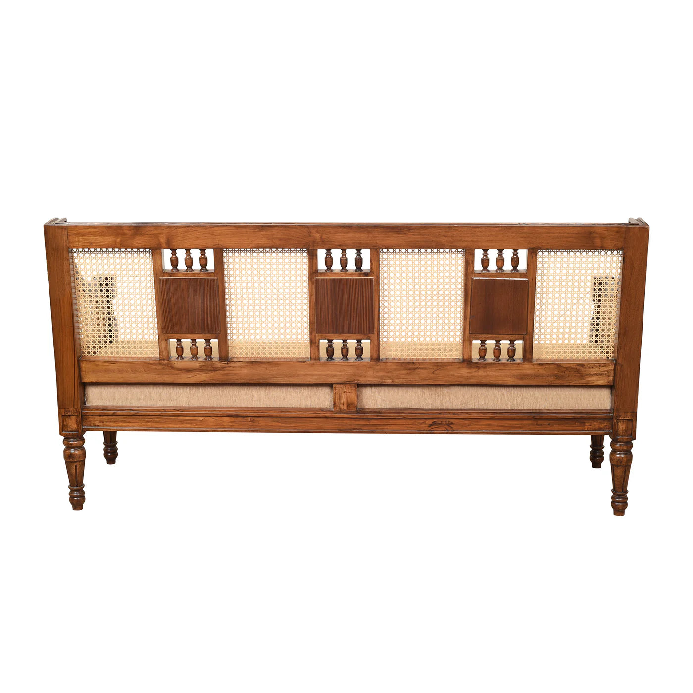 3 Seater Teakwood Sofa with Madhubani Art, Dhokra Brass, and Natural Cane | Tulip