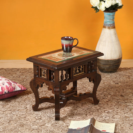 Yuge-II Premium Teakwood Low End Table – Rectangular Accent Stand with Warli & Dhokra Art
