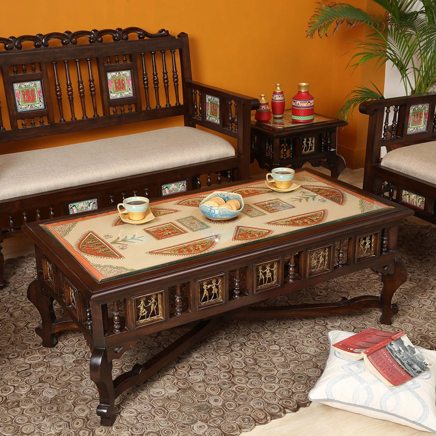 Vanam Solid Teakwood Rectangular Coffee Table – 48-Inch Traditional Walnut Finish Center Table with Dhokra Metalcraft and Hand-Painted Art