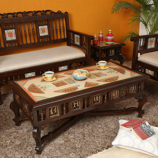 Vanam Solid Teakwood Rectangular Coffee Table – 48-Inch Traditional Walnut Finish Center Table with Dhokra Metalcraft and Hand-Painted Art