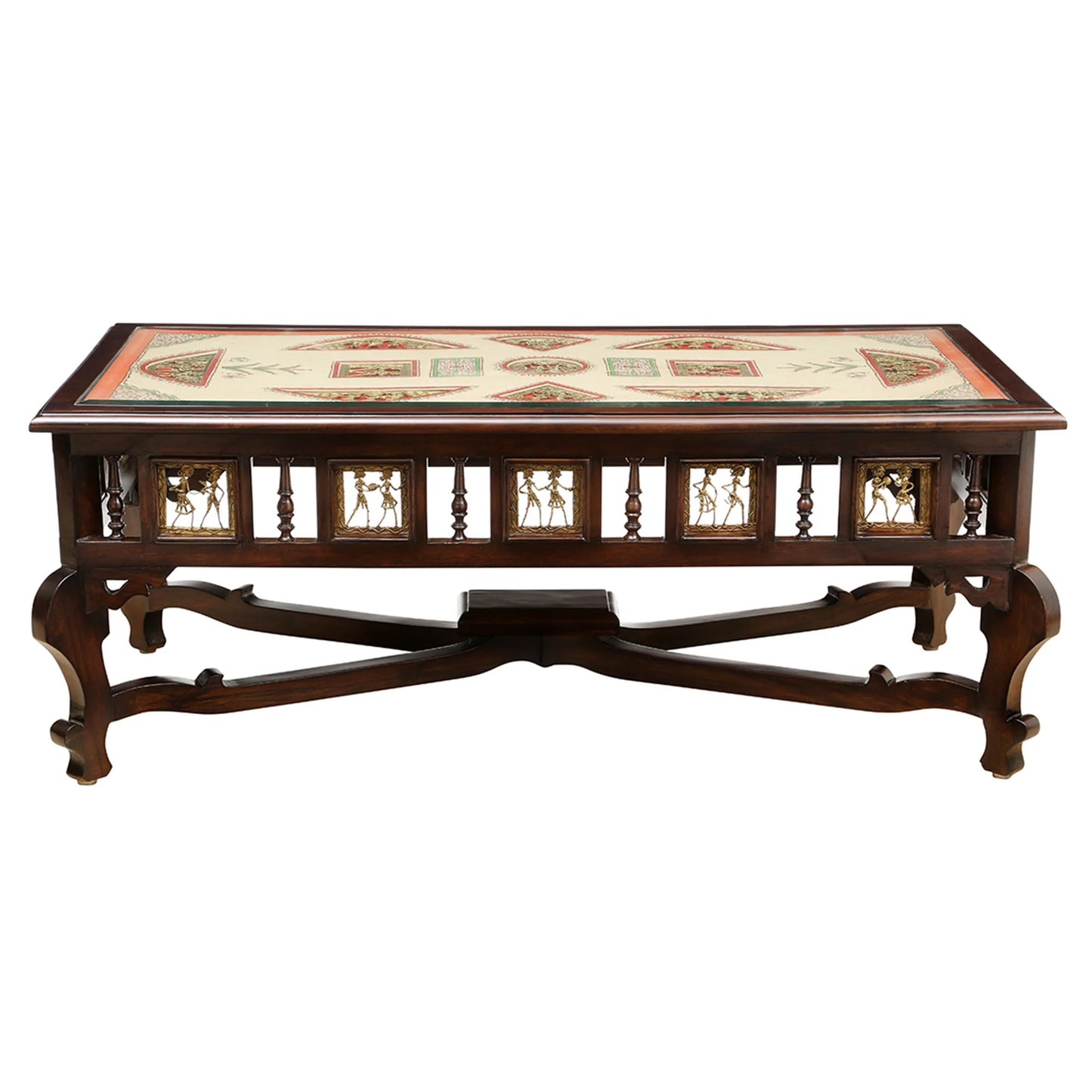Vanam Solid Teakwood Rectangular Coffee Table – 48-Inch Traditional Walnut Finish Center Table with Dhokra Metalcraft and Hand-Painted Art